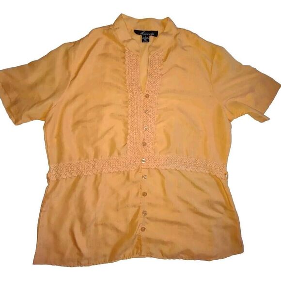 5/$25 Sz 1X Linen Blouse Eyelet Lace Tunic Short Sleeve Salmon Orange - Picture 1 of 6